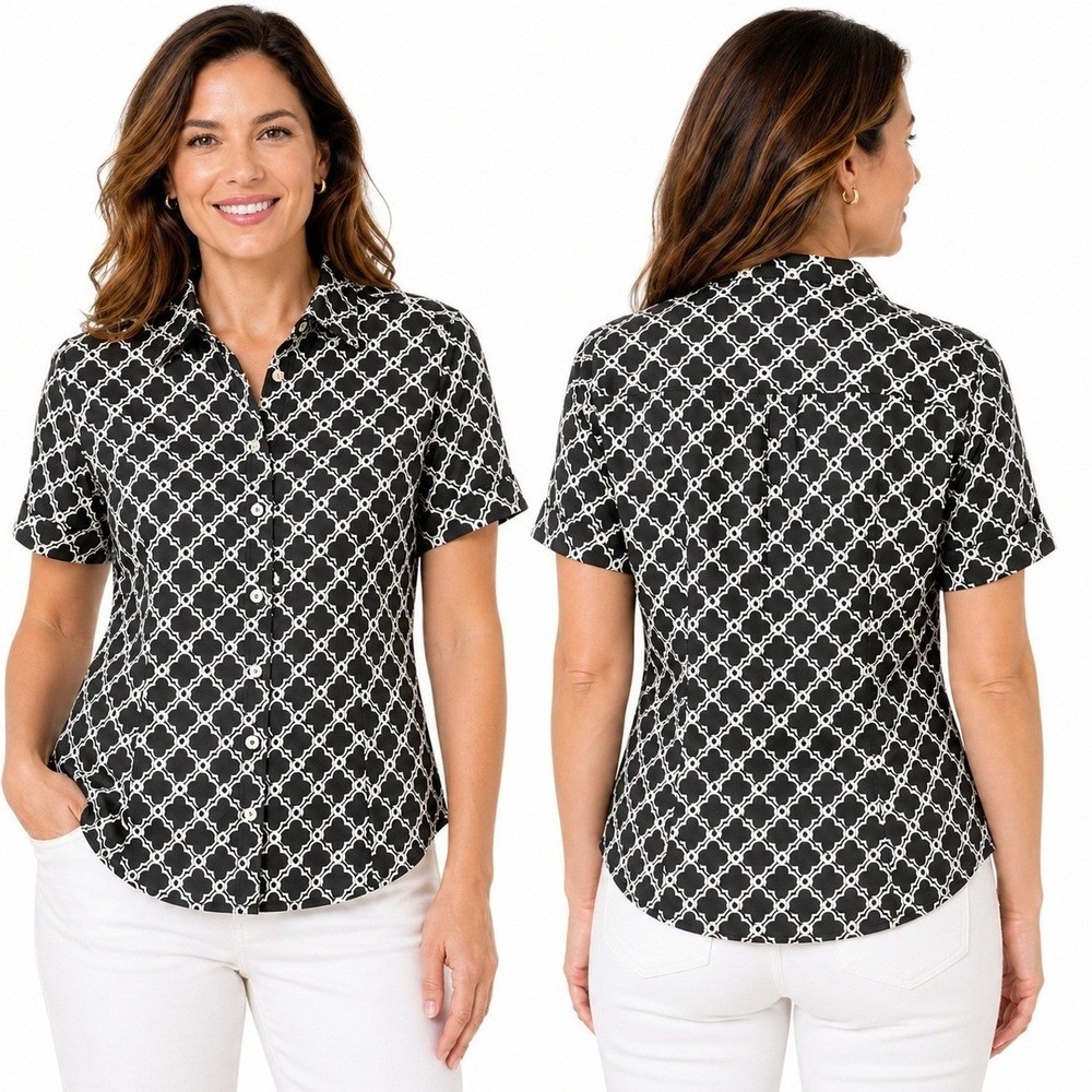 Talbots Shirt Womens 12 Non-Iron Short Sleeve Button Down Black White Office